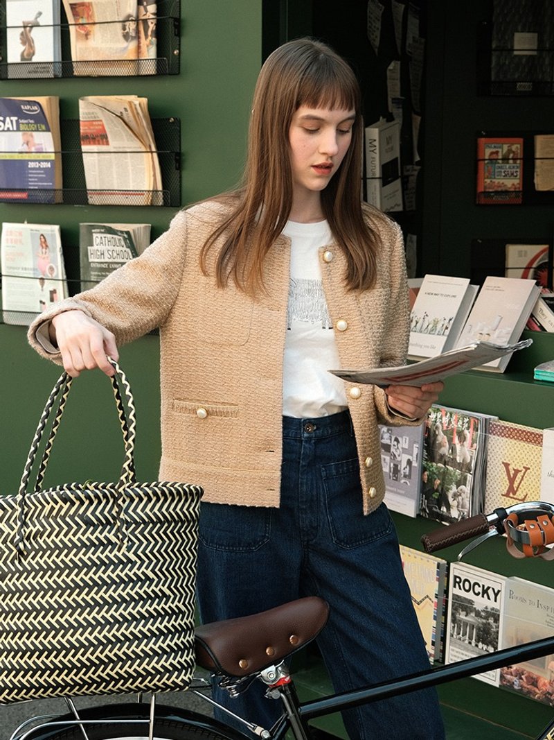 MintCheese 法式复古 肌理感镶边优雅驼色 经典小香风含羊毛外套 - 女装休闲/机能外套 - 羊毛 卡其色