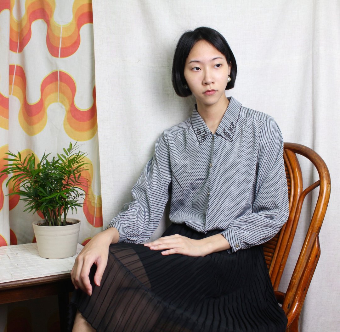 FOAK古着 复古女伶灰蓝色雕花领衬衫  - 女装衬衫 - 其他材质 