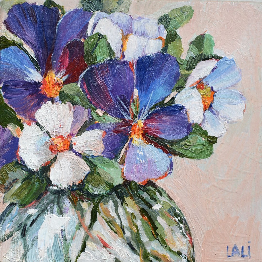 三色紫罗兰原创油画 13x13cm 紫色花朵静物 - 墙贴/壁贴 - 其他材质 紫色