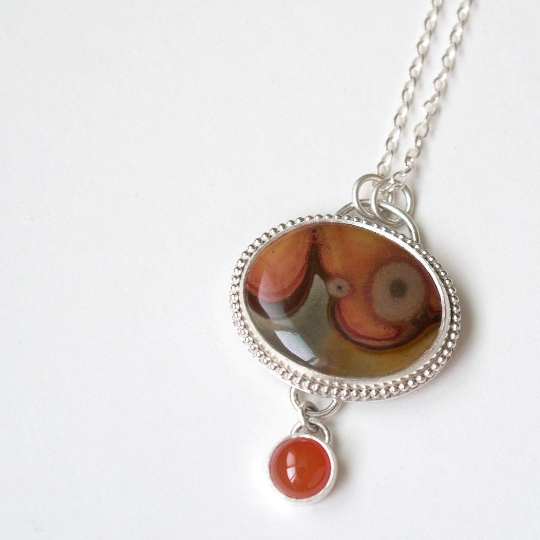 花碧玉(多彩碧玉) 纯银墬子 Polychrome jasper pendant - 项链 - 宝石 橘色