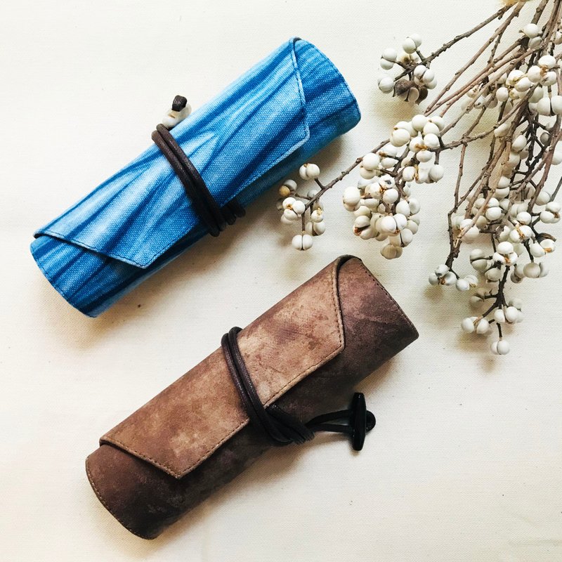 钢笔 6入卷式钢笔袋 蓝染 皮革感 日本面料 - 铅笔盒/笔袋 - 棉．麻 卡其色