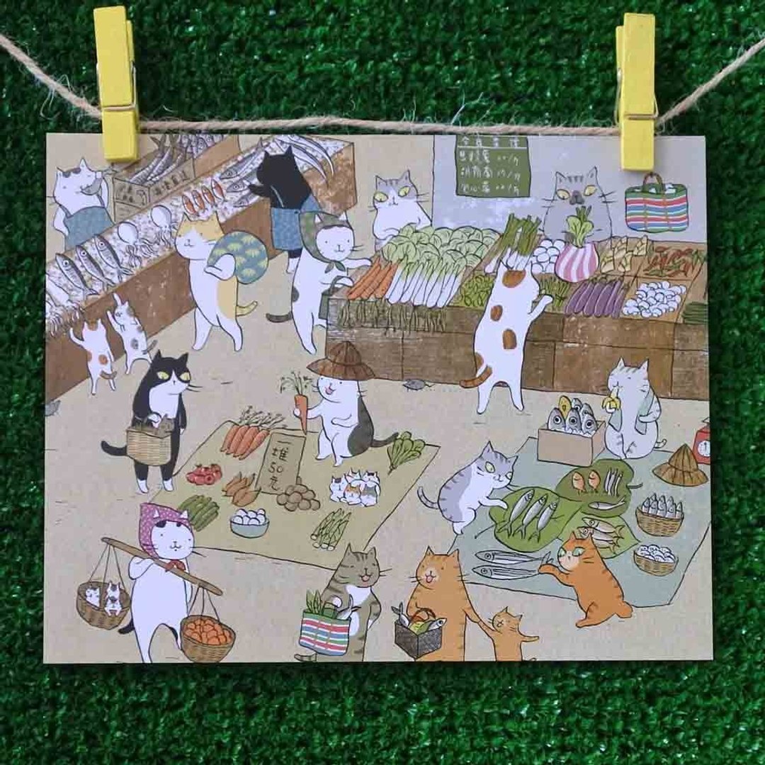 三猫小铺猫咪插画明信片(画家:猫小姐) – 菜市场 - 卡片/明信片 - 纸 