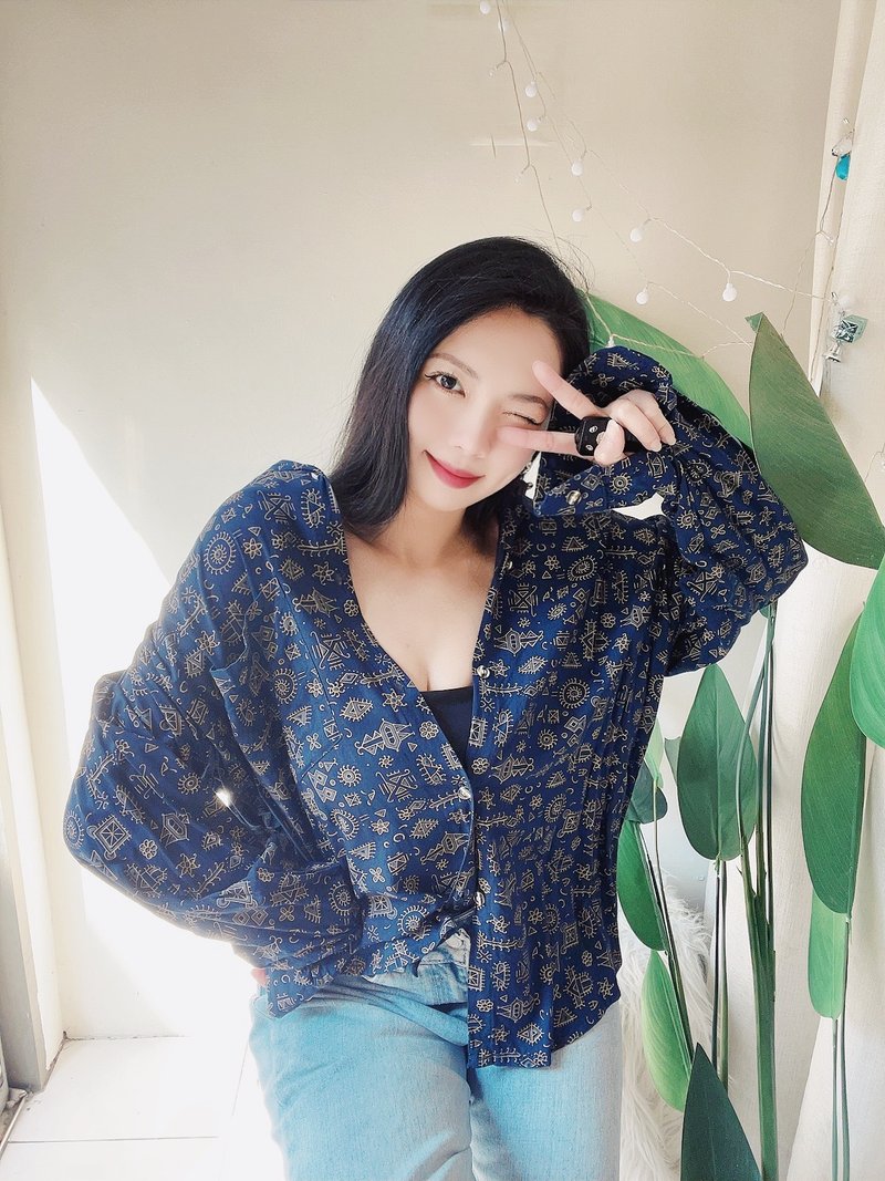 深海蓝几何童趣勾线图腾 古董棉麻衬衫罩衫上衣 shirt vintage - 女装衬衫 - 棉．麻 蓝色