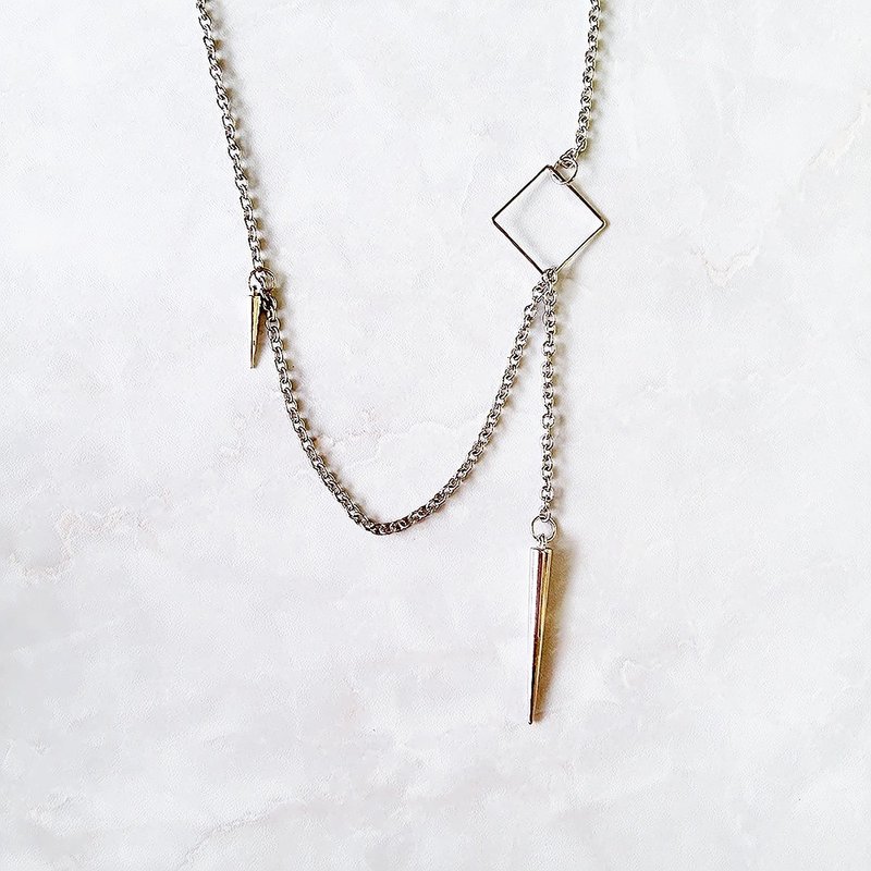 ::极简庞克系列:: 简约庞克铆钉几何形状个性套索项链 / ::Minimalist PUNK Collection:: Rhodium Plated Minimalist Punk Geometric Spike Stainless Steel Chain Lariat Necklace Y Necklace - 项链 - 其他金属 银色