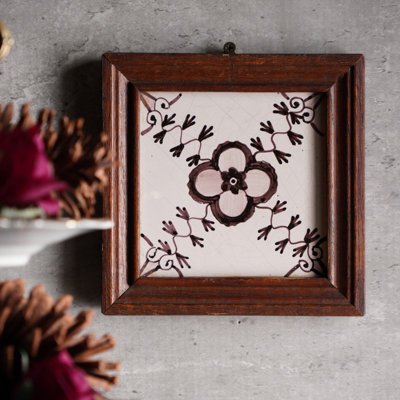 荷兰手绘几何花朵百年古董瓷砖挂饰/代尔夫特蓝/ Delft/台夫特 - 海报/装饰画/版画 - 陶 咖啡色