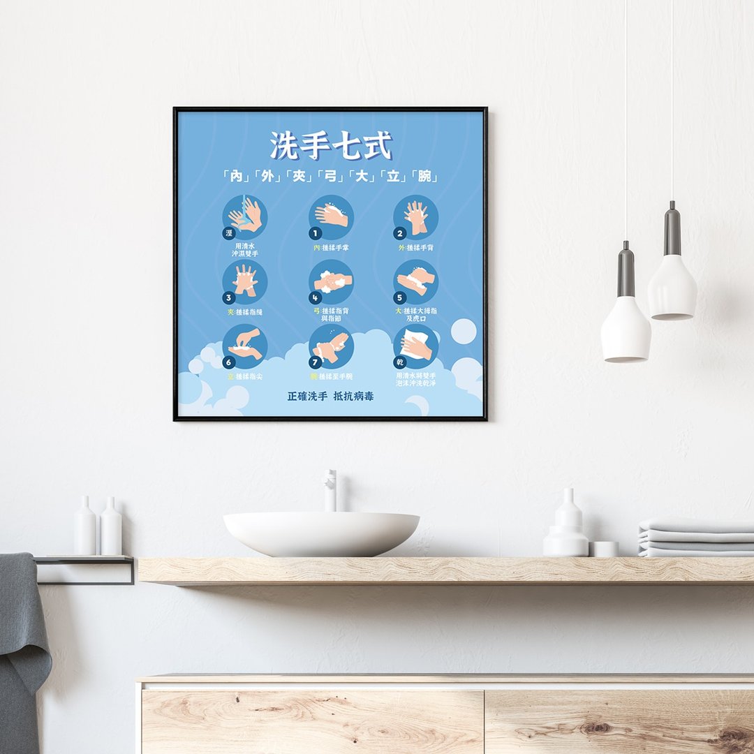 洗手七式-挂画/洗手教学/怎么洗手/防疫/浴室挂画/图鉴/步骤/厕所 - 海报/装饰画/版画 - 棉 多色