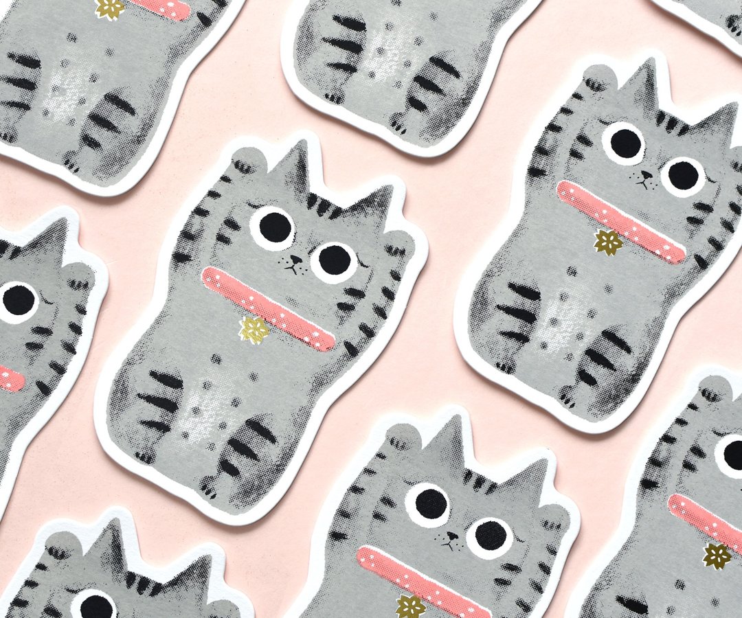 屁屁招财猫 手工绢印卡片 - 卡片/明信片 - 纸 灰色