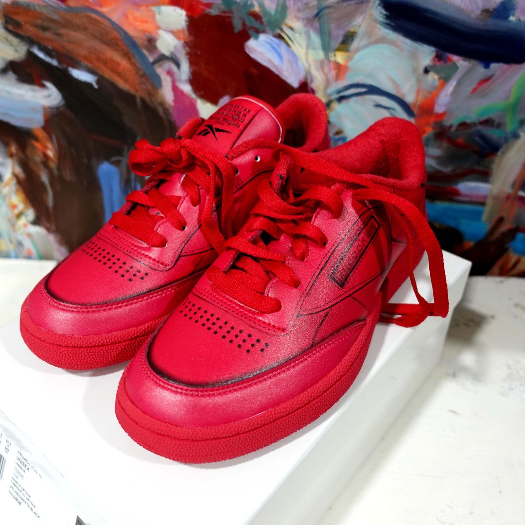 Maison Margiela X Reebok 火红色真皮黑线印花图案平底波鞋散步 - 男款休闲鞋 - 真皮 红色