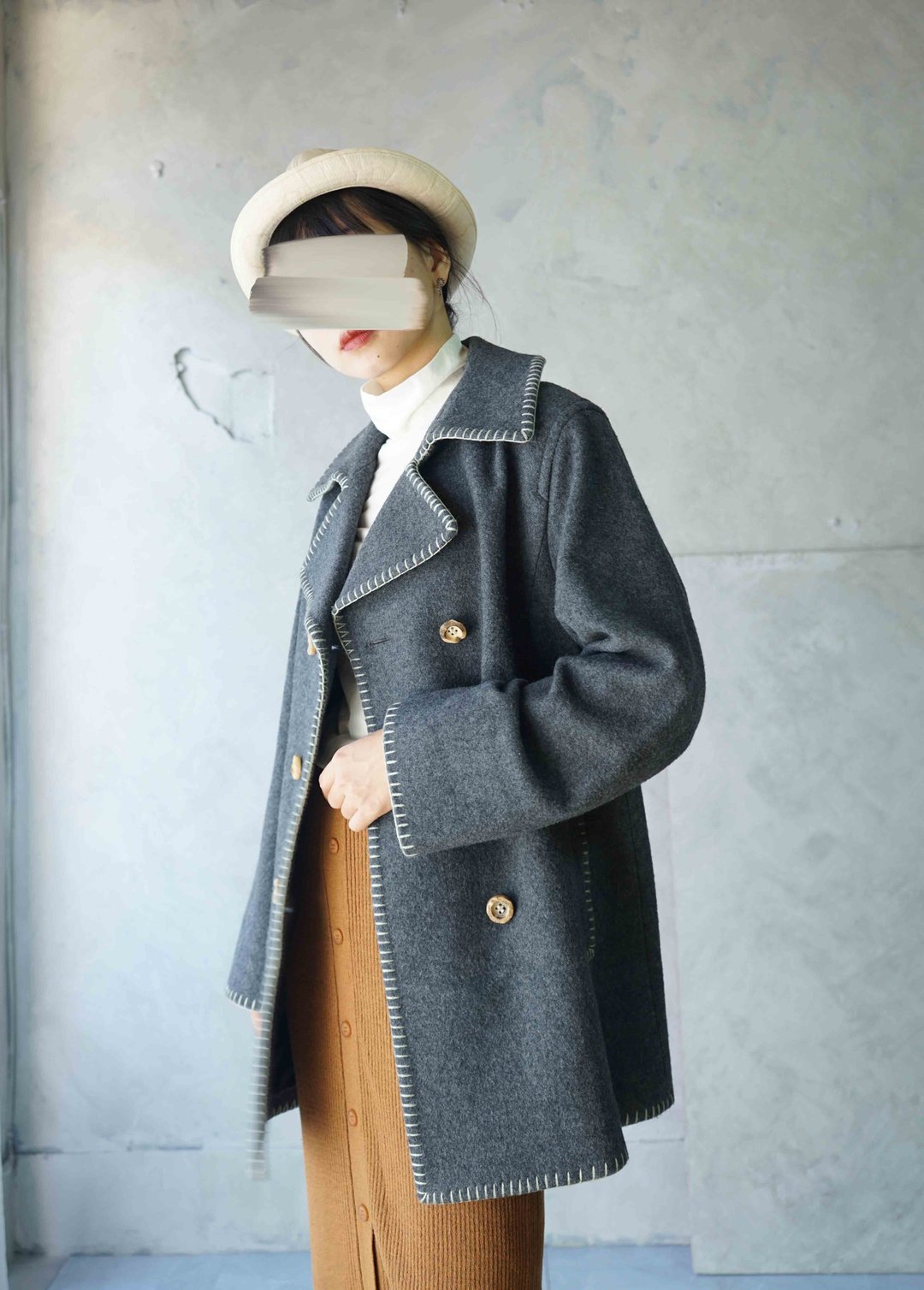 寻宝古着-The Scotch House深灰毛边缝双排扣毛料大衣外套 - 女装休闲/机能外套 - 羊毛 灰色