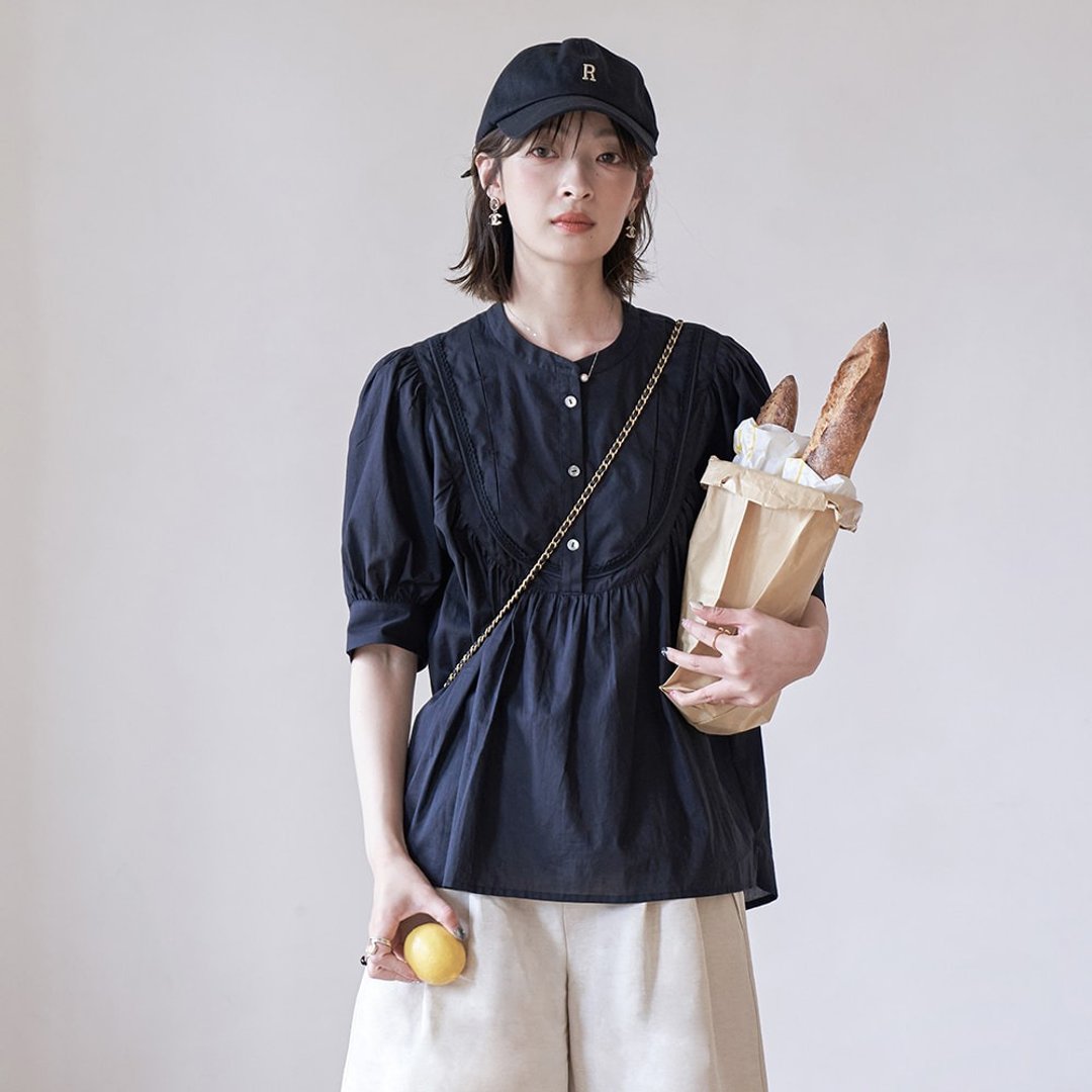 圆领短泡泡袖衬衫|上衣|两色|春夏款|Sora-1175 - 女装衬衫 - 棉 多色