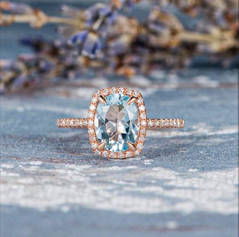 天然海蓝宝石戒指，玫瑰金镀层海蓝宝石戒指，戒指，送礼推荐 - 戒指 - 其他材质 多色