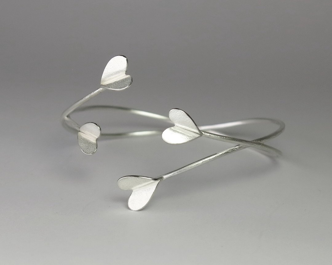 爱心系列│心花朵朵双线纯银手环| Silver·Handmade| 开放式 - 手链/手环 - 纯银 银色