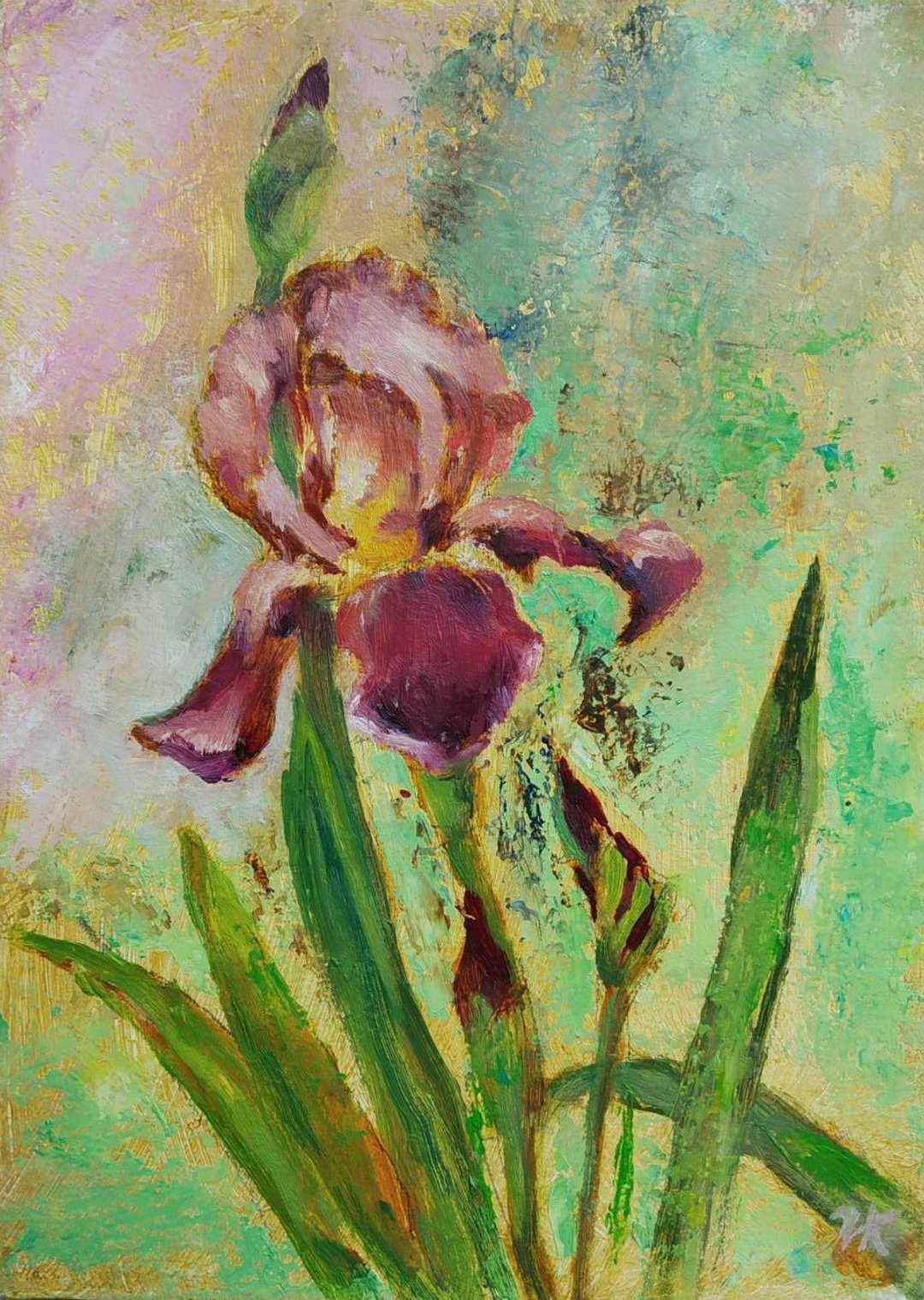 Irises Flower Original Oil Painting 21x15 cm Hand-painted signed by the artist - 墙贴/壁贴 - 其他材质 多色