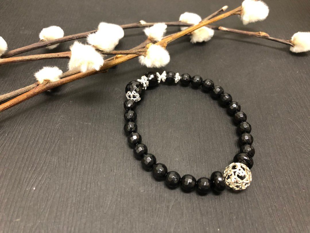 925银手链 天然黑碧玺手链 多角切面珠 能量手链 送礼 - 手链/手环 - 银 黑色
