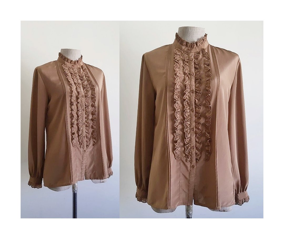 Vintage Brown Ruffle Blouse - 女装上衣 - 聚酯纤维 咖啡色