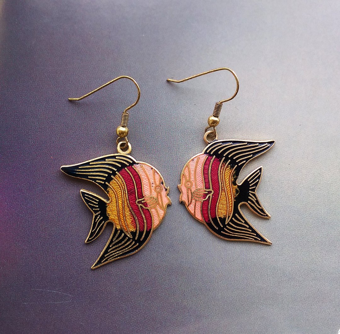 Vintage Jewelry 西洋古董饰品 热带鱼款 景泰蓝 耳勾 针式耳环 - 耳环/耳夹 - 其他材质 金色