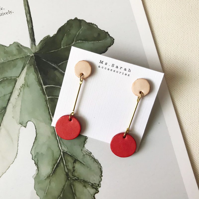 皮革耳环_垂坠圆_原皮搭珊瑚红(可改夹) - 耳环/耳夹 - 真皮 红色