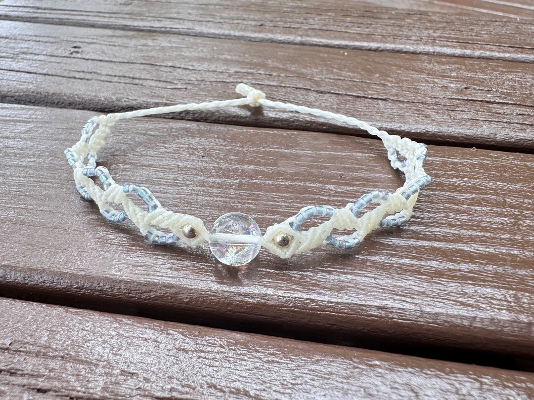 230320 Macrame 南美蜡线 琉璃珠 手链 - 手链/手环 - 半宝石 白色