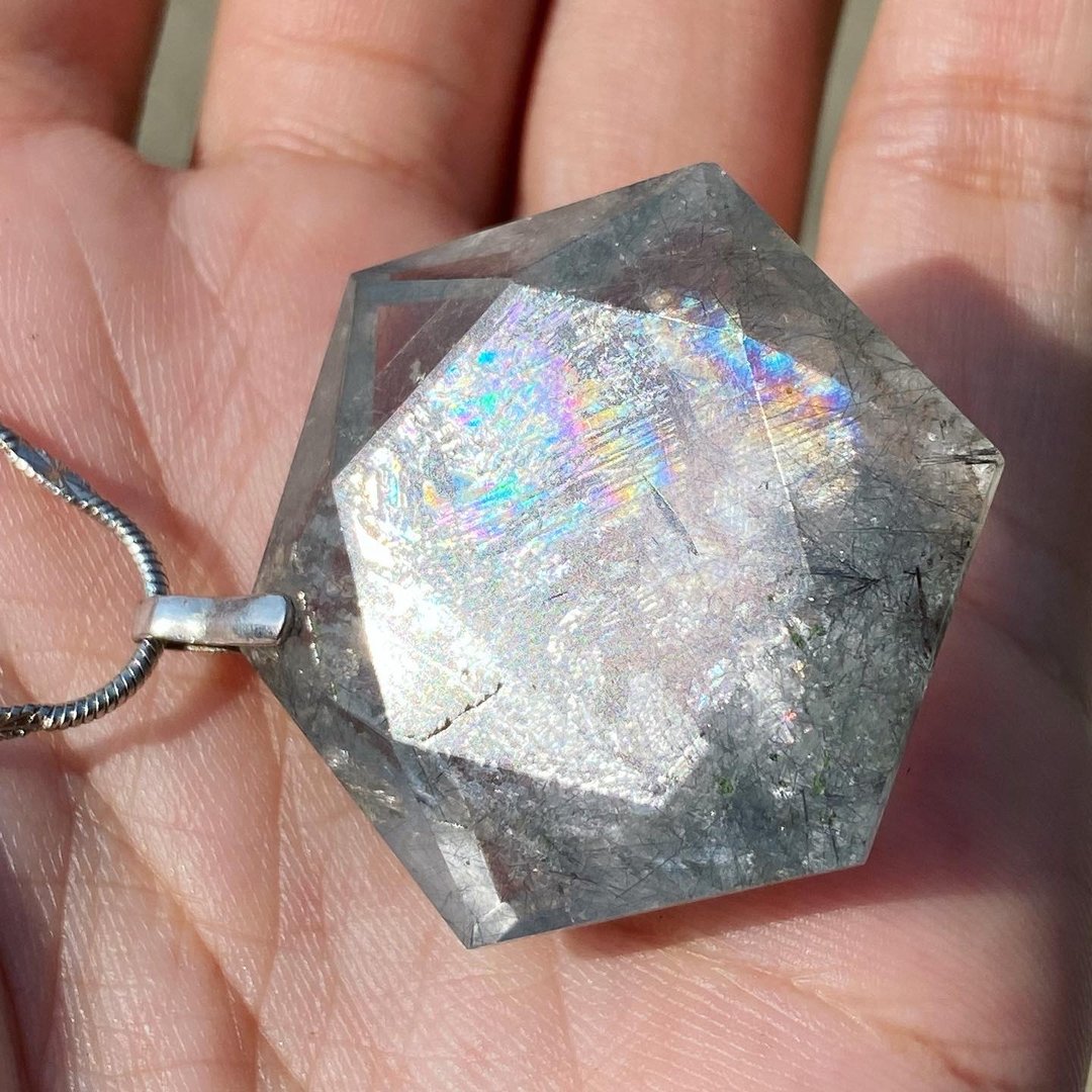 【Lost and find】天然石 彩虹 灰银 发晶 六芒星 项链 6T48 - 项链 - 宝石 多色