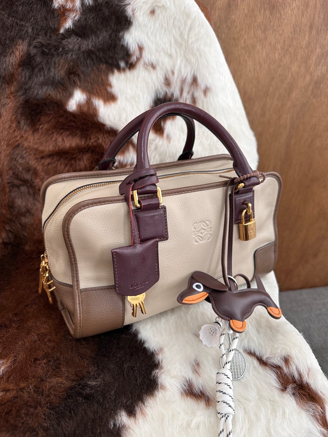 中古包 Loewe 罗意威 三拼色牛皮经典 Amazona 波士顿包 - 手提包/手提袋 - 真皮 卡其色