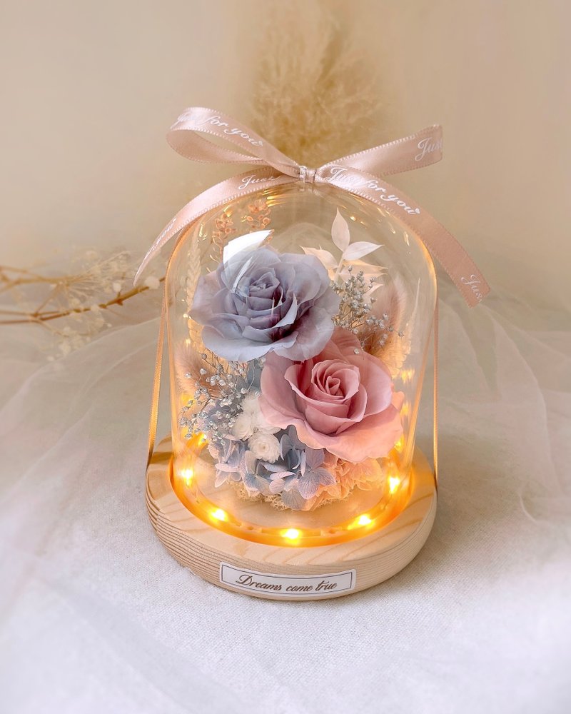 永生花玻璃盅-莫兰迪雾粉蓝 l 小夜灯 日本玫瑰 情人节礼物 - 干燥花/捧花 - 植物．花 多色