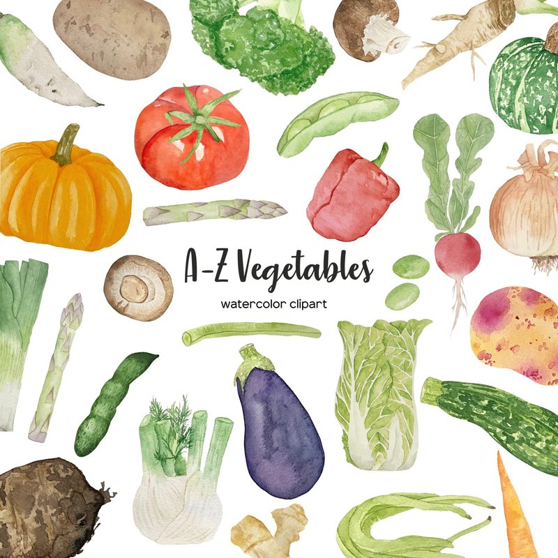 Watercolor vegetables clipart. A-Z veggies watercolor. Full alphabet vegetable - 其他数码设计 - 其他材质 