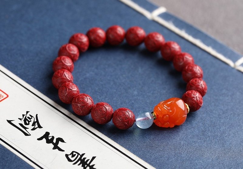 天然原矿朱砂精品紫金砂五帝钱手链 朱砂含量高达95%以上 - 手链/手环 - 宝石 