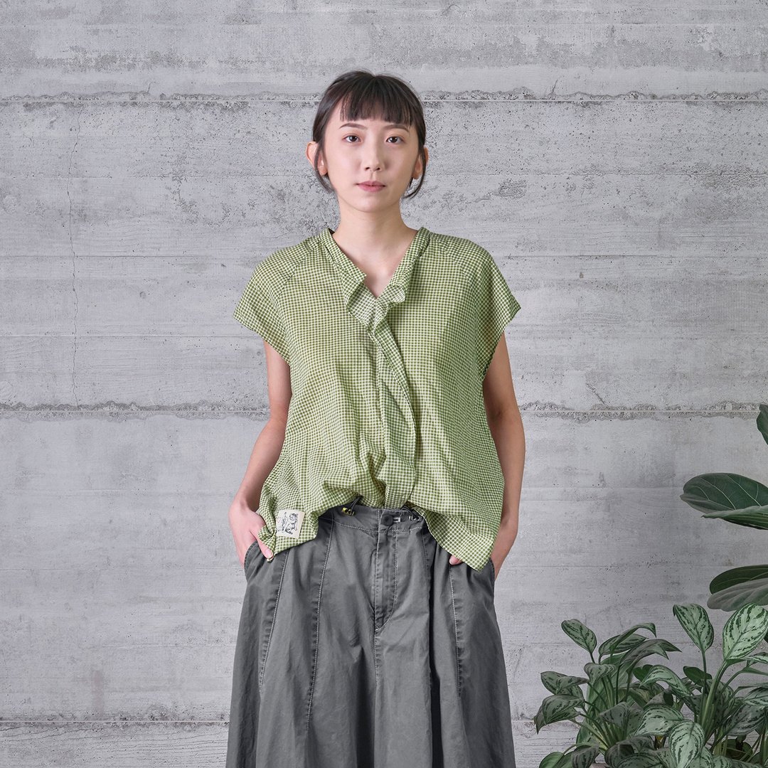 垂坠翻片领小盖袖上衣 - 女装上衣 - 棉 绿色