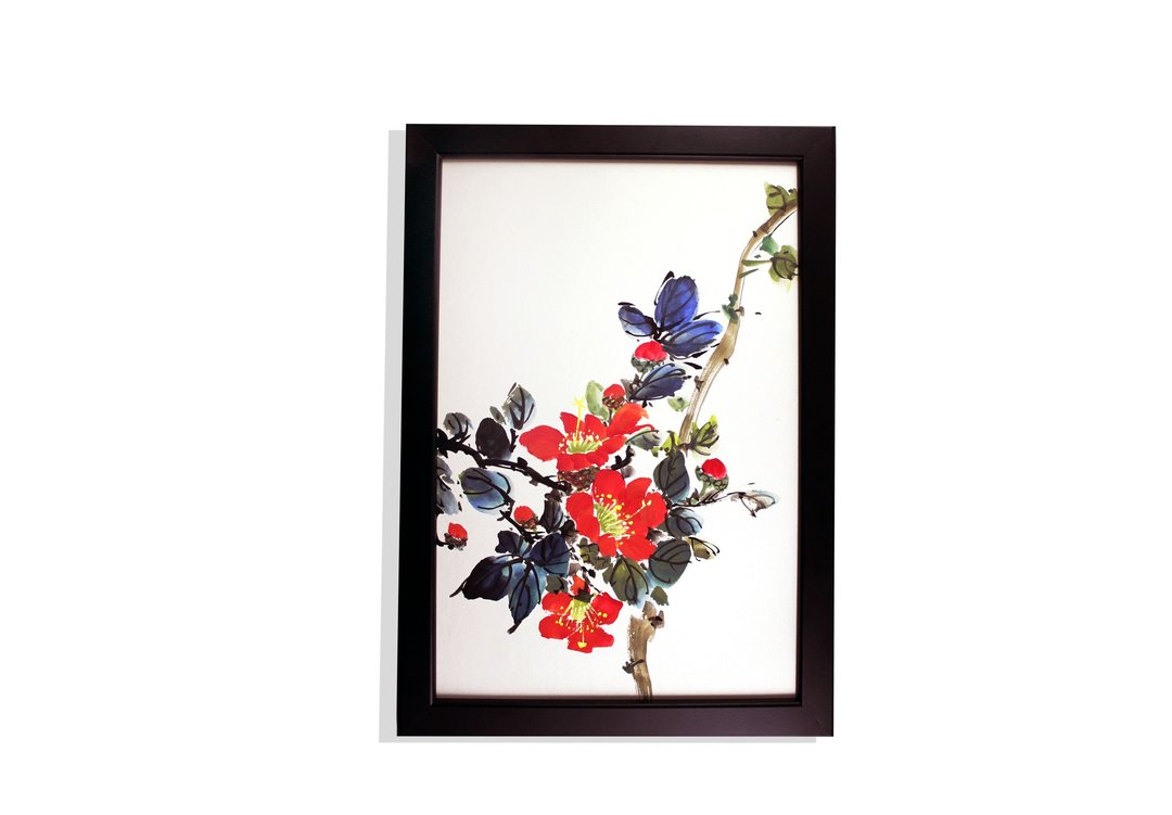 火红-手绘挂画 山茶花 国画 l 家居摆饰 (附画框) - 海报/装饰画/版画 - 其他材质 红色