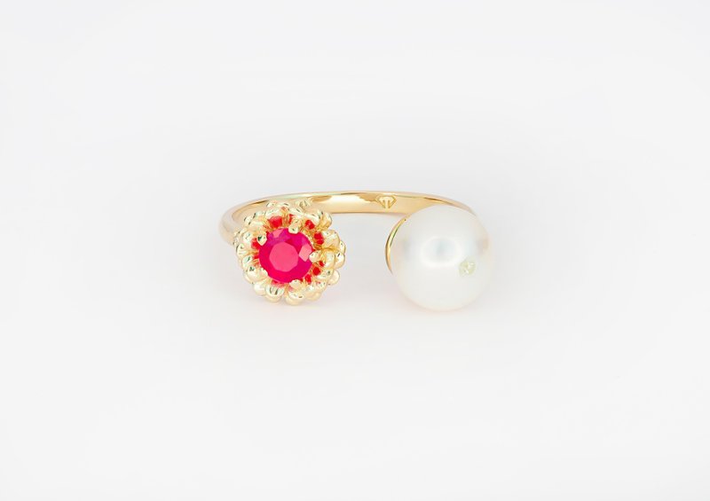 14k  gold ring with ruby, pearl and diamond. - 戒指 - 贵金属 金色