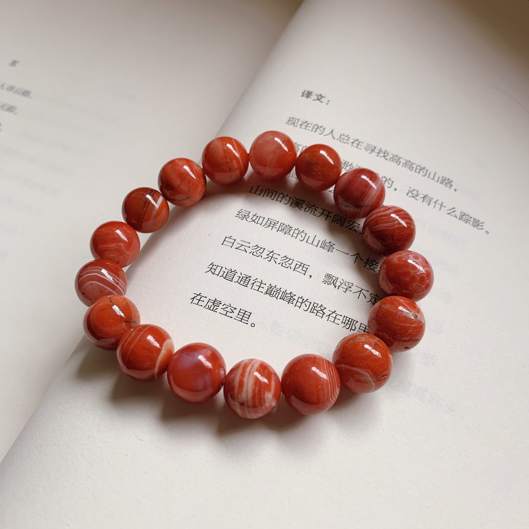 锦绣缘。天然南红玛瑙11mm手链 纳福 辟邪 复古 文艺 平安 礼物 - 手链/手环 - 玉石 红色