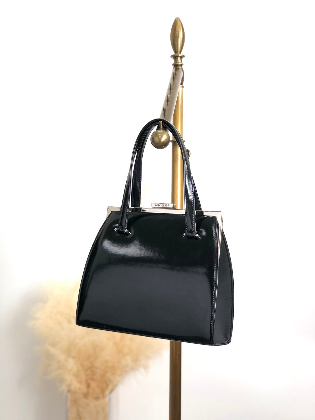 [日本直送，品牌二手包] Yves Saint Laurent 手提包，黑皮革皮夹，复古 km5h88 - 手提包/手提袋 - 真皮 黑色