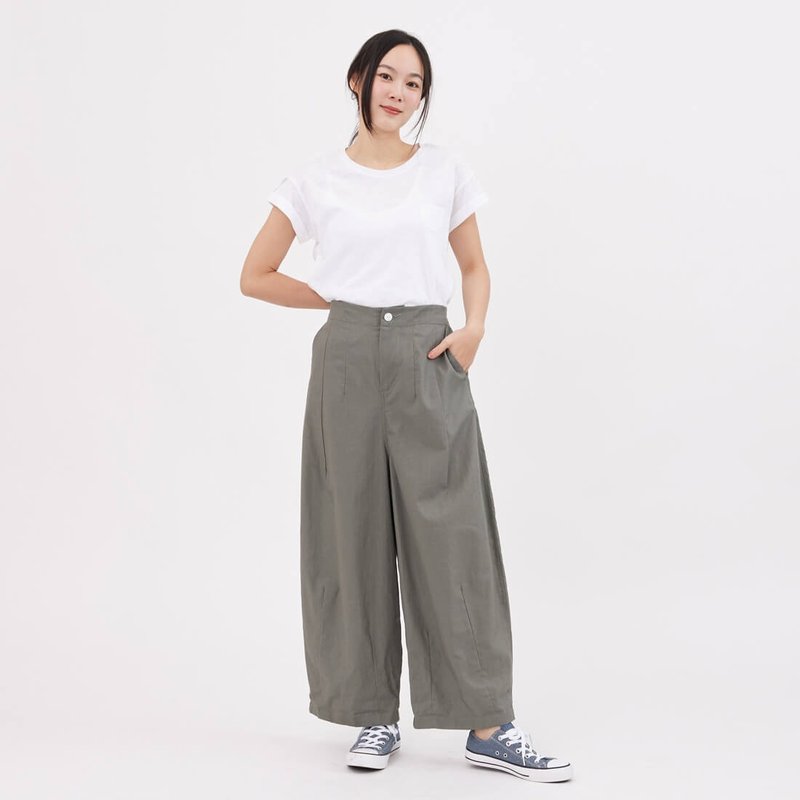 Gavin和風素面棉麻寬褲/松綠 - 女装长裤 - 棉．麻 绿色