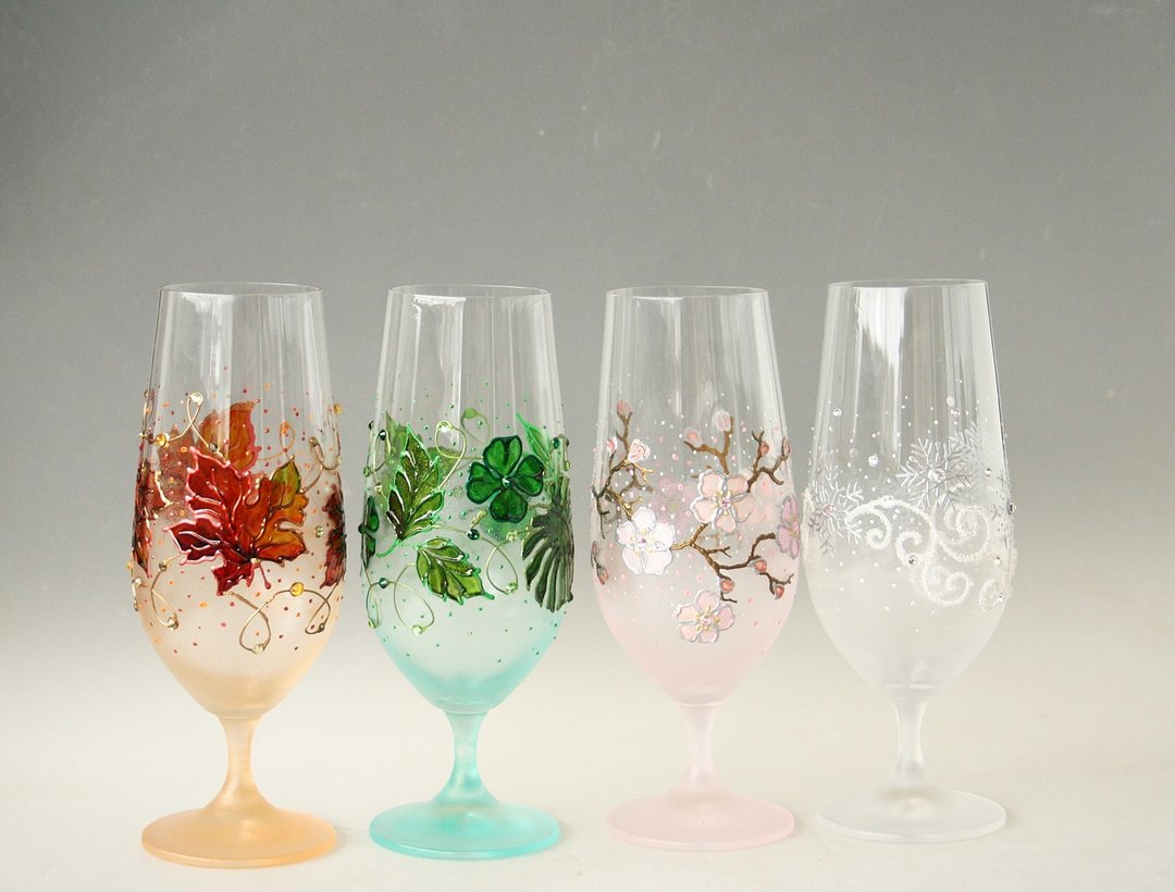 4 Seasons Glasses Beer Juice Water Cocktail Swarovski Crystals Hand Painted Set - 酒杯/酒器 - 玻璃 多色