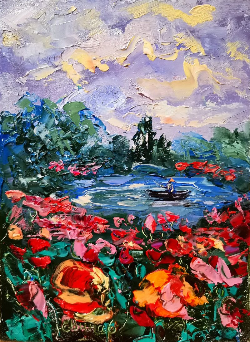 油画艺术原创厚涂罂粟湖船日落艺术家 Svinar Oksana - 其他 - 其他材质 多色