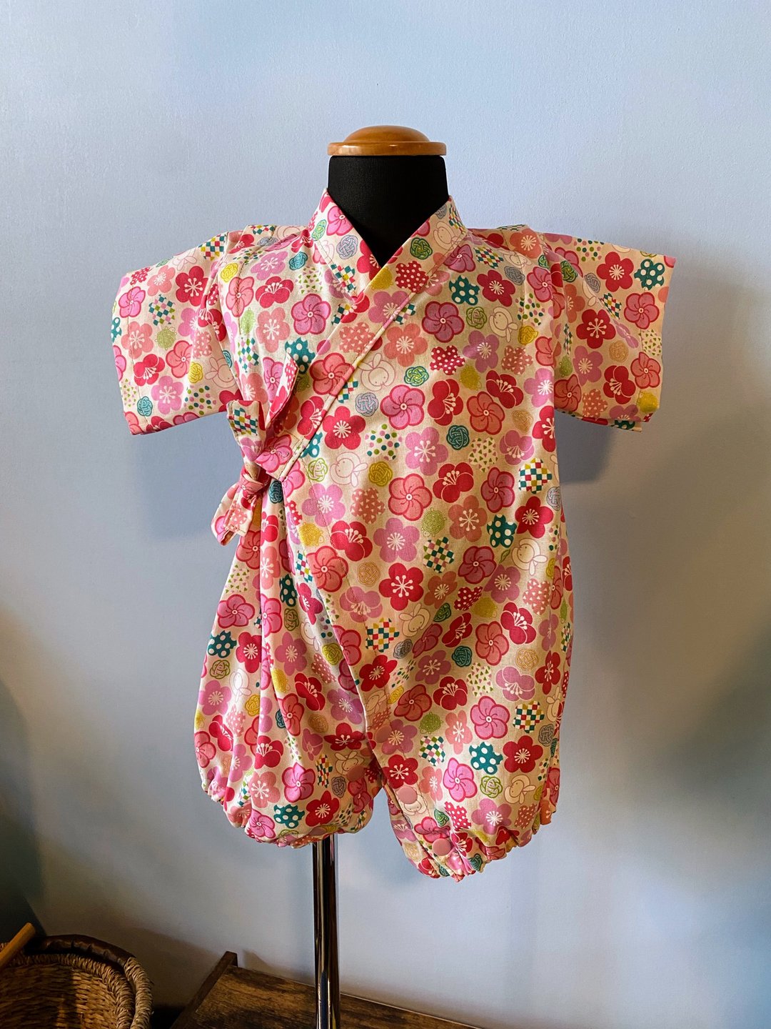 日式婴儿甚平 70cm 花与兔系列 日本制手作 - 满月礼盒 - 棉 粉红色