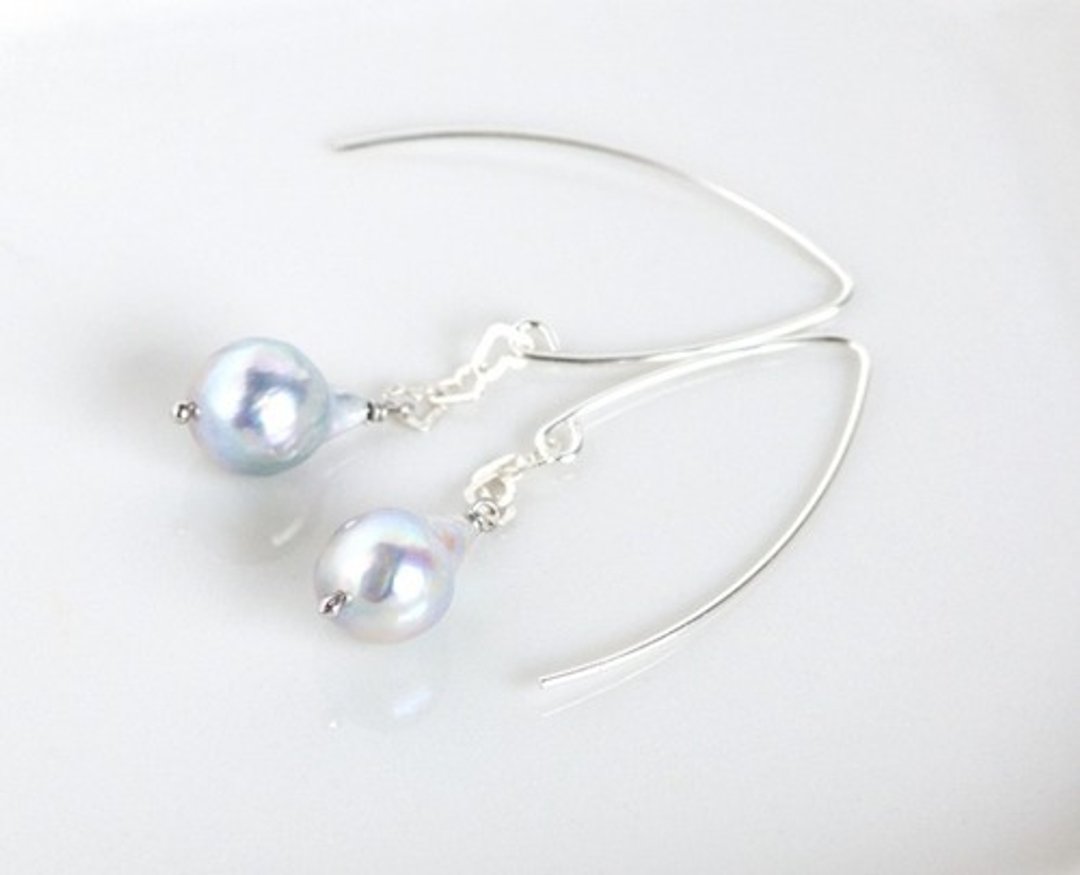Large Baroque Akoya Pearl/Gray Marquise Hook Earrings SV925 - 耳环/耳夹 - 宝石 