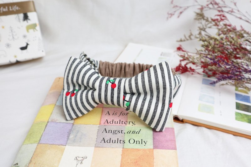 宝宝发带 婴儿发带│立体蝴蝶结:::横条上的樱桃 - 婴儿帽/发带 - 棉．麻 白色