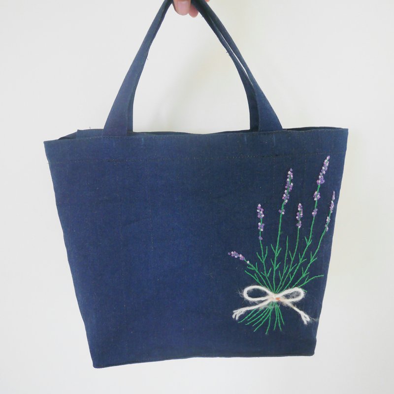 手工刺绣　薰衣草手提托特包 - 手提包/手提袋 - 绣线 蓝色
