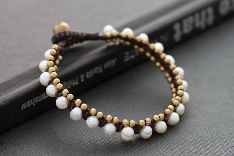 珍珠手链黄铜编织串珠手链袖口波西米亚别致手镯 - 手链/手环 - 宝石 金色