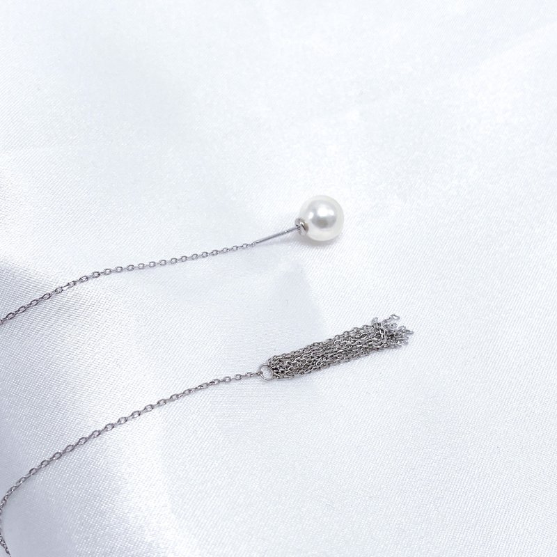 PJ.流苏Akoya珍珠线耳环 - 耳环/耳夹 - 珍珠 