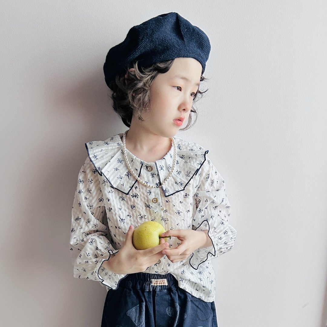 秋季碎花气质皱褶花瓣领子长袖衬衫 / 童装 - 童装上衣 - 棉 蓝色