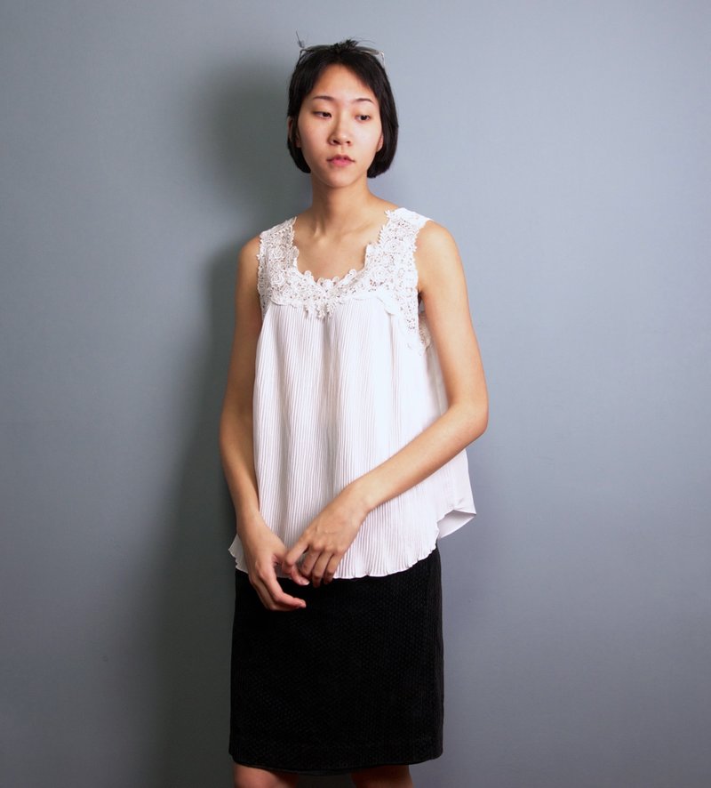 FOAK古着 美国制白蕾丝领褶皱背心 - 女装背心 - 聚酯纤维 白色