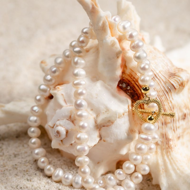 天然白色淡水珍珠项链 5-6mm 金色爱心OT扣 法式复古 情人节礼物 - 项链 - 珍珠 白色