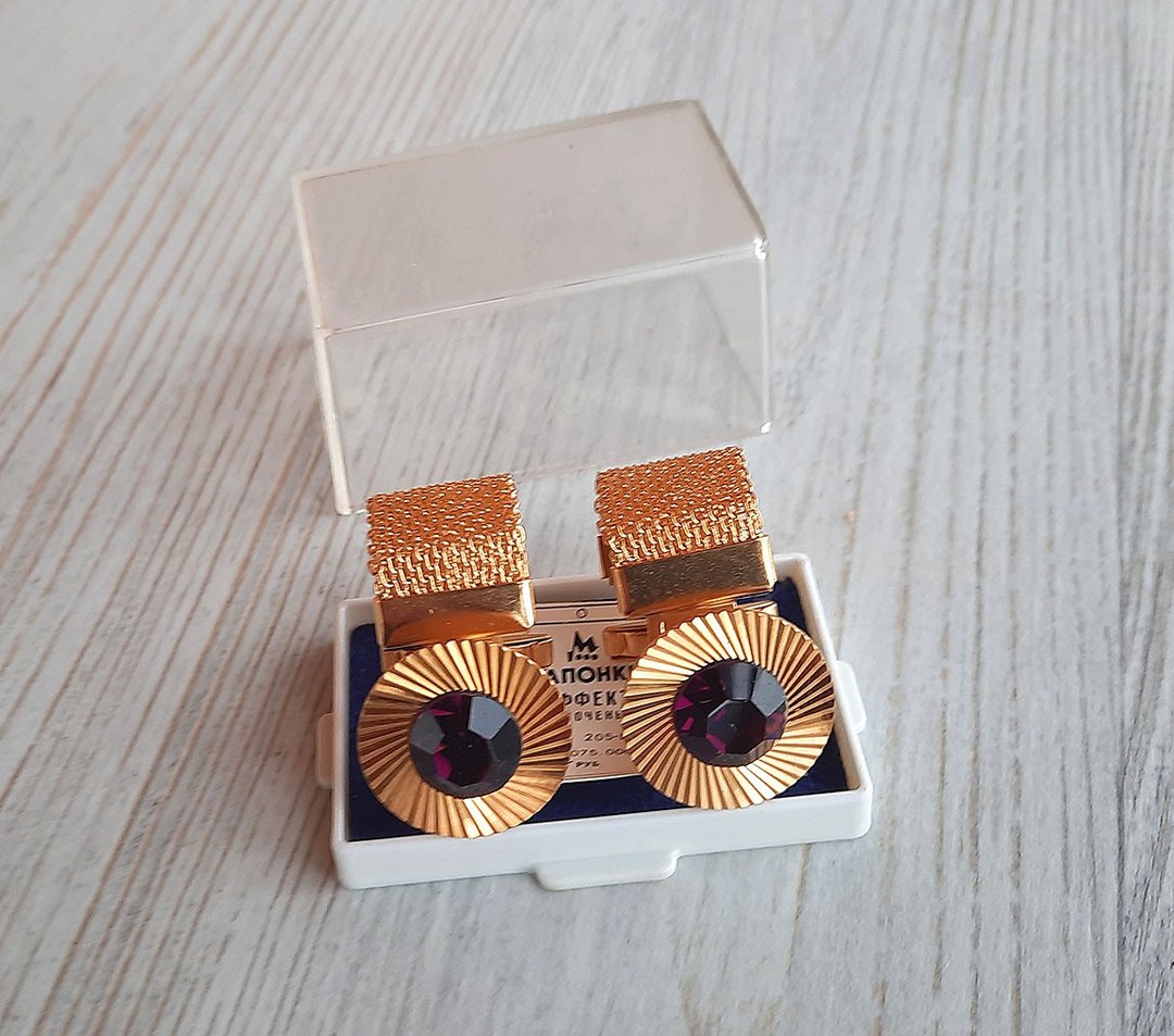 Purple stones gold plated cufflinks Effect - Soviet mens jewelry vintage - 袖扣 - 其他材质 金色
