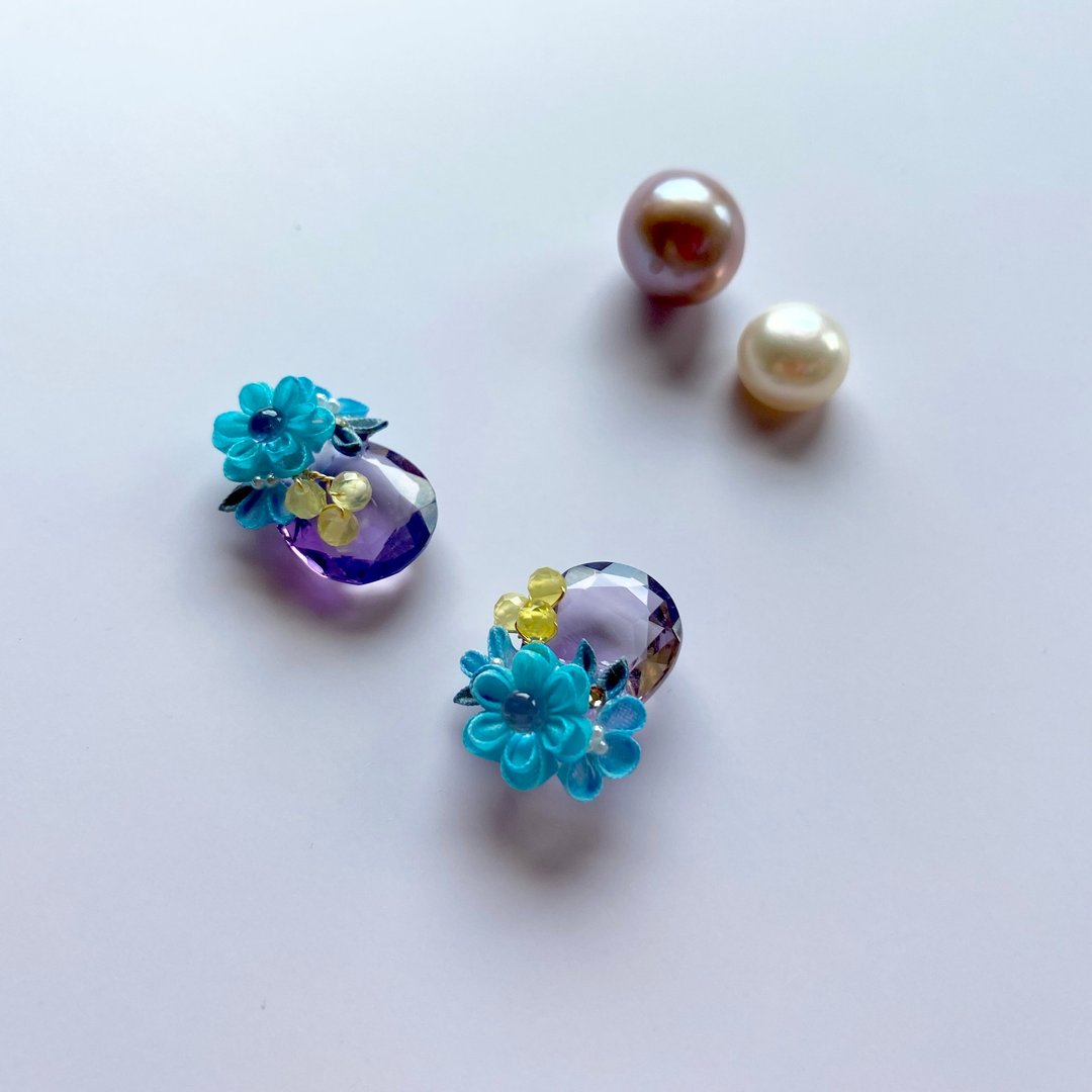 amethyst flower earring - 耳环/耳夹 - 半宝石 紫色