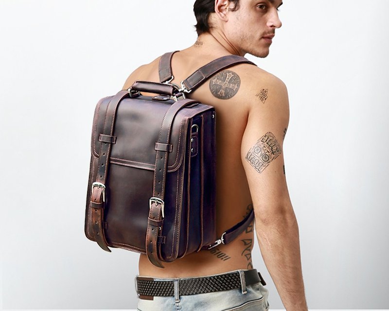 牛皮双肩后背包 英伦手提包公事包/单肩斜背包/书包 免费刻英文名 - 后背包/双肩包 - 真皮 咖啡色