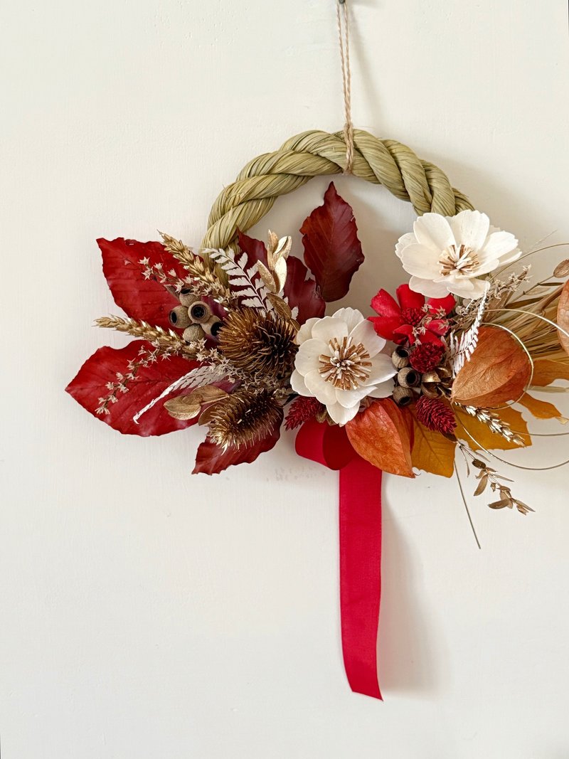 新春注连绳 干燥花 波斯菊 红金色  新年挂饰 祈福消灾 - 干燥花/捧花 - 植物．花 红色