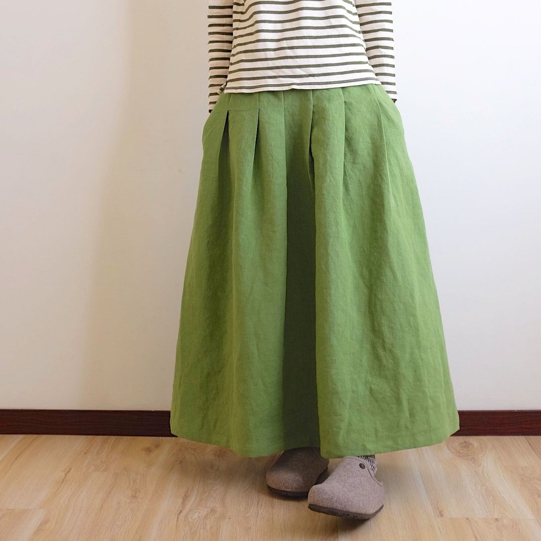日常手作服   绿苹果打褶长裙  亚麻 特单 - 裙子 - 棉．麻 绿色