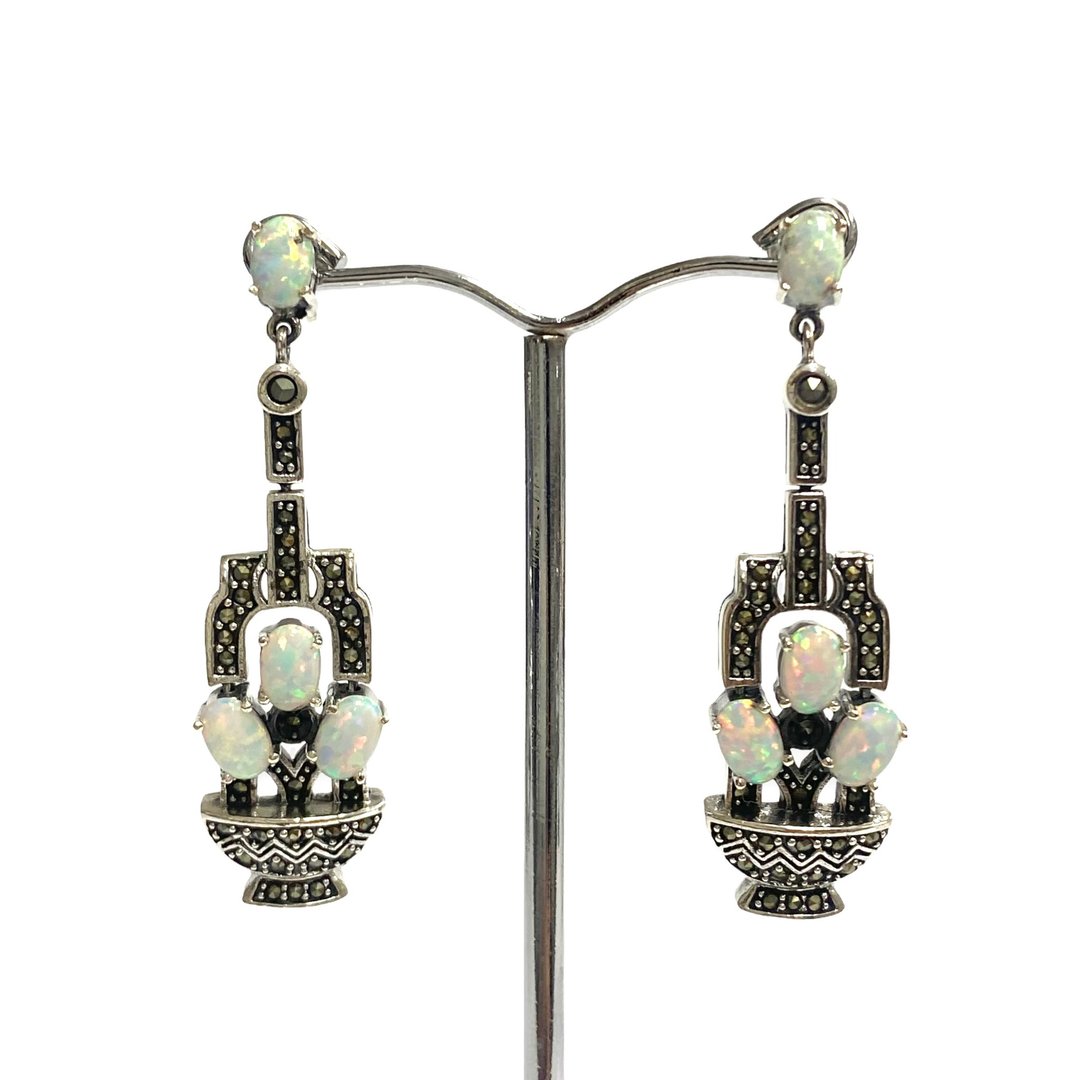 Art Deco Style Gilson Opal Pot Set Pendant and Earrings 925 Sterling Silver - 耳环/耳夹 - 纯银 银色